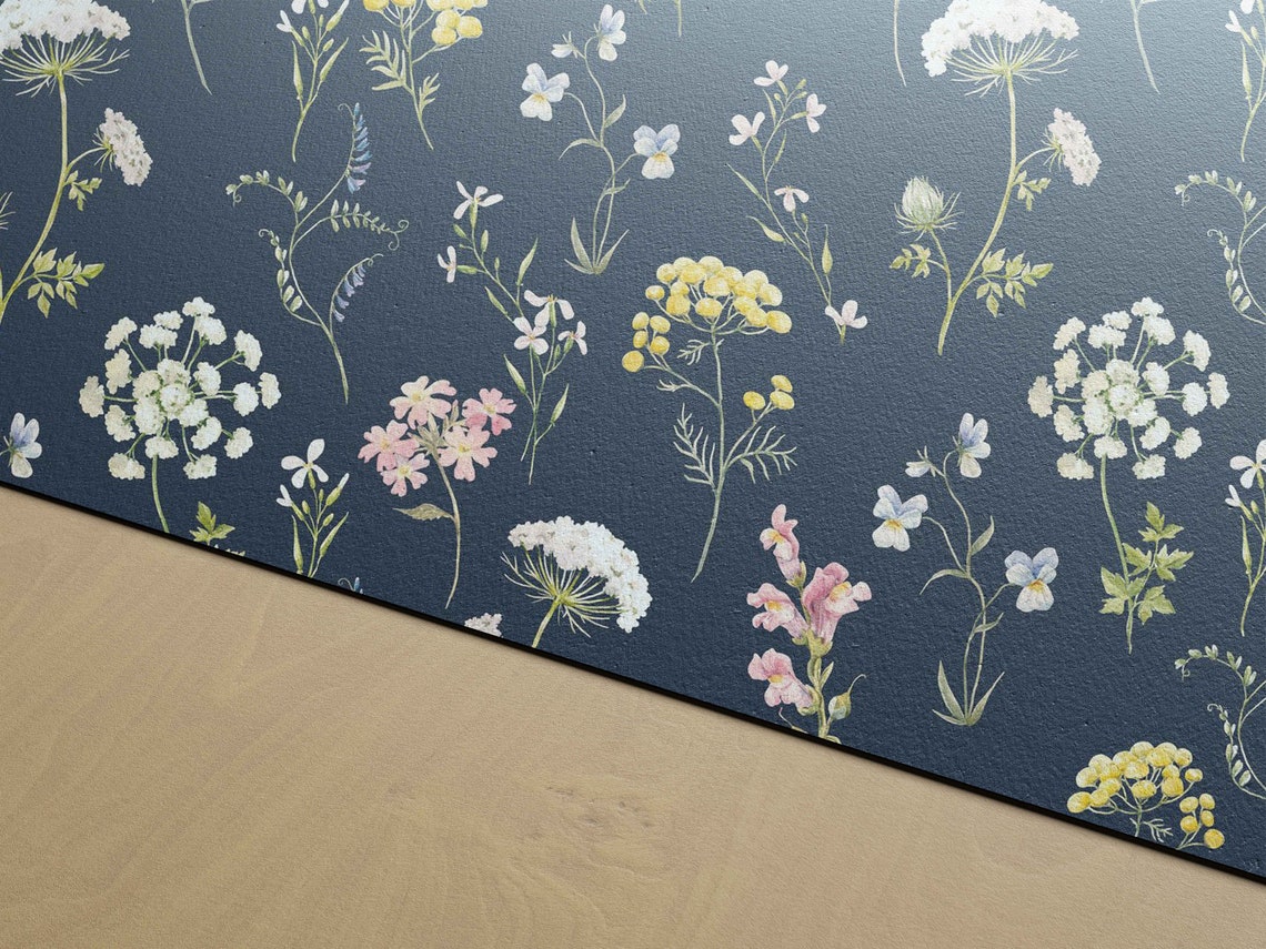 Navy Floral Navy Floral Removable Wallpaper Peel and Stick Etsy