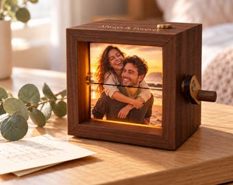 Personalized Photo Flipbook Box, Custom Wooden Flip Book with LED Light, Hand Crank Memory Box, Anniversary Gift for Couples, Him or Her