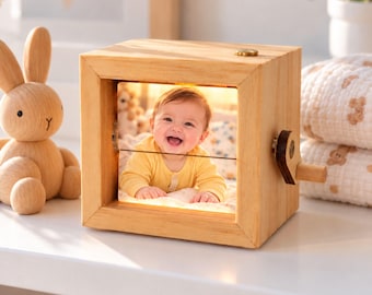 Baby First Year Photo Flipbook, Personalized Wooden Photo Box with LED Light, Hand Crank Memory Keepsake, New Mom Gift, Grandparents Gift
