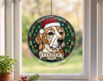 Personalized Pet Christmas Ornament from Photo, Stained Glass Style Dog Cat Santa Hat Ornament with Name and Year, Pet Memorial Ornament
