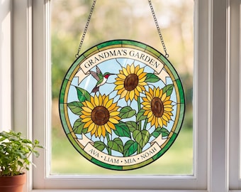 Personalized Grandma's Garden Suncatcher with Grandkids Names, Sunflower Hummingbird Stained Glass Window Hanging, Gift for Grandma Nana