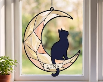 Personalized Cat on the Moon Suncatcher with Name, Cat Memorial Stained Glass Window Hanging, Loss of Cat Sympathy Gift, Cat Lover Gift