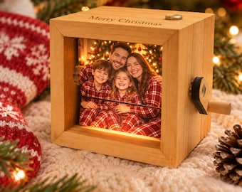 Christmas Gift for Him Her, Personalized Photo Flipbook Box with LED Light, Custom Wooden Flip Photo Box, Family Photo Keepsake Gift