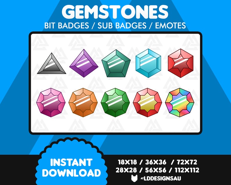 May include: Gemstone bit badges, sub badges, and emotes in various colors and shapes, including red, pink, purple, teal, green, and rainbow.  Available in multiple sizes: 18x18, 28x28, 36x36, 56x56, 72x72, and 112x112 pixels. Instant download available.  The image includes the text 'GEMSTONES', 'BIT BADGES / SUB BADGES / EMOTES', 'INSTANT DOWNLOAD', and size specifications.