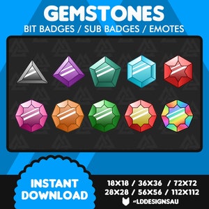 May include: Gemstone bit badges, sub badges, and emotes in various shapes and colors, including purple, pink, red, teal, and rainbow.  Available in multiple sizes: 18x18, 36x36, 72x72, 28x28, 56x56, and 112x112 pixels. Instant download available.  The text 'GEMSTONES' is displayed prominently at the top.