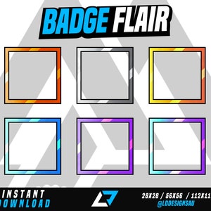 Könnte beinhalten: Sechs verschiedene Abzeichen-Designs in verschiedenen Farben. Die Designs sind quadratische Rahmen mit verschiedenen farbigen Rändern und inneren Highlights. Der Text "BADGE FLAIR" befindet sich oben im Bild. Der Text "INSTANT DOWNLOAD" befindet sich unten links im Bild. Der Text "28x28 / 56x56 / 112x112 @LDDESIGNSAU" befindet sich unten rechts im Bild.