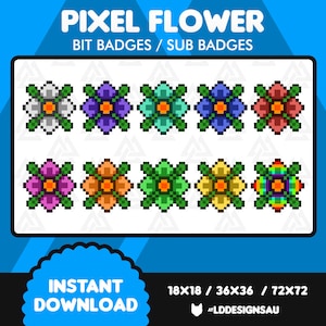 May include: Set of eight pixel art flower badges in various colors, including white, purple, green, red, pink, orange, yellow, and rainbow. The badges are available in three sizes: 18x18, 36x36, and 72x72 pixels.