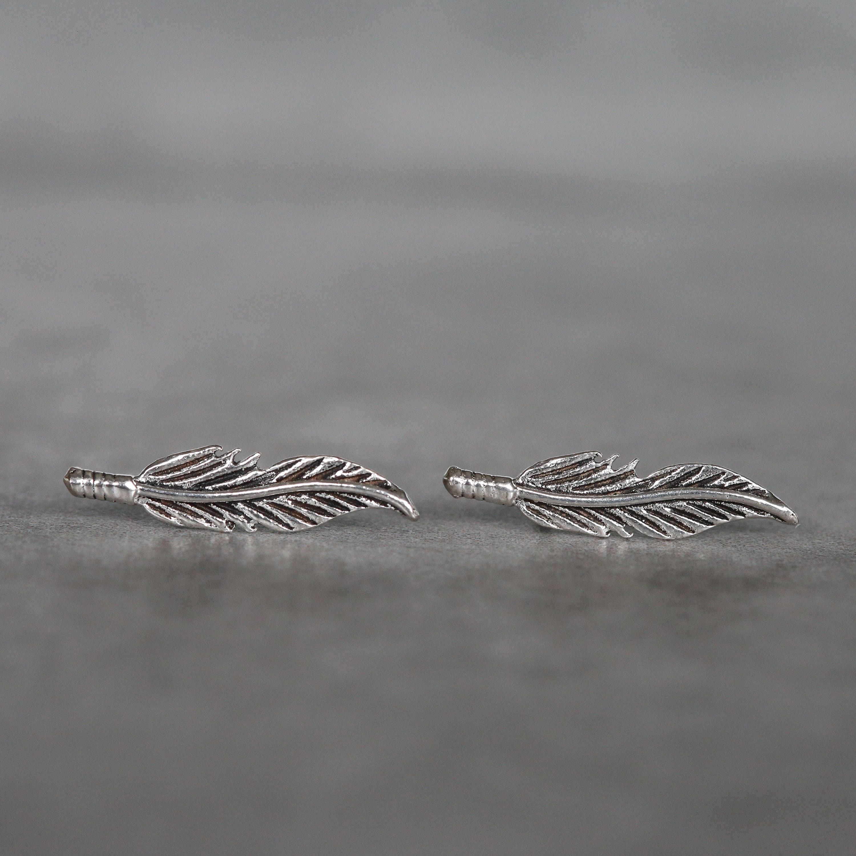 Oxidized Feather Studs Sterling Silver Feather Earrings Sterling