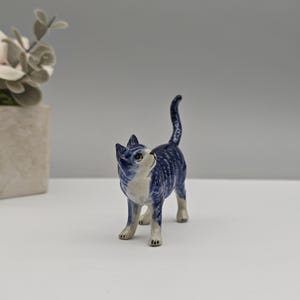 Miniature ceramic cat figurines-Ceramic cats figurine-Cat Lover Gifts-blue and white cat figurine-Christmas gifts
