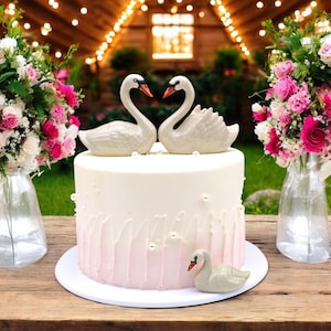 Handmade Ceramic Swan Figurines: Swans Cake Topper, Set of 3
