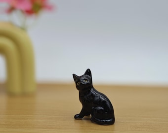 Handmade Ceramic Black Cat Figurine: Small Porcelain Animal