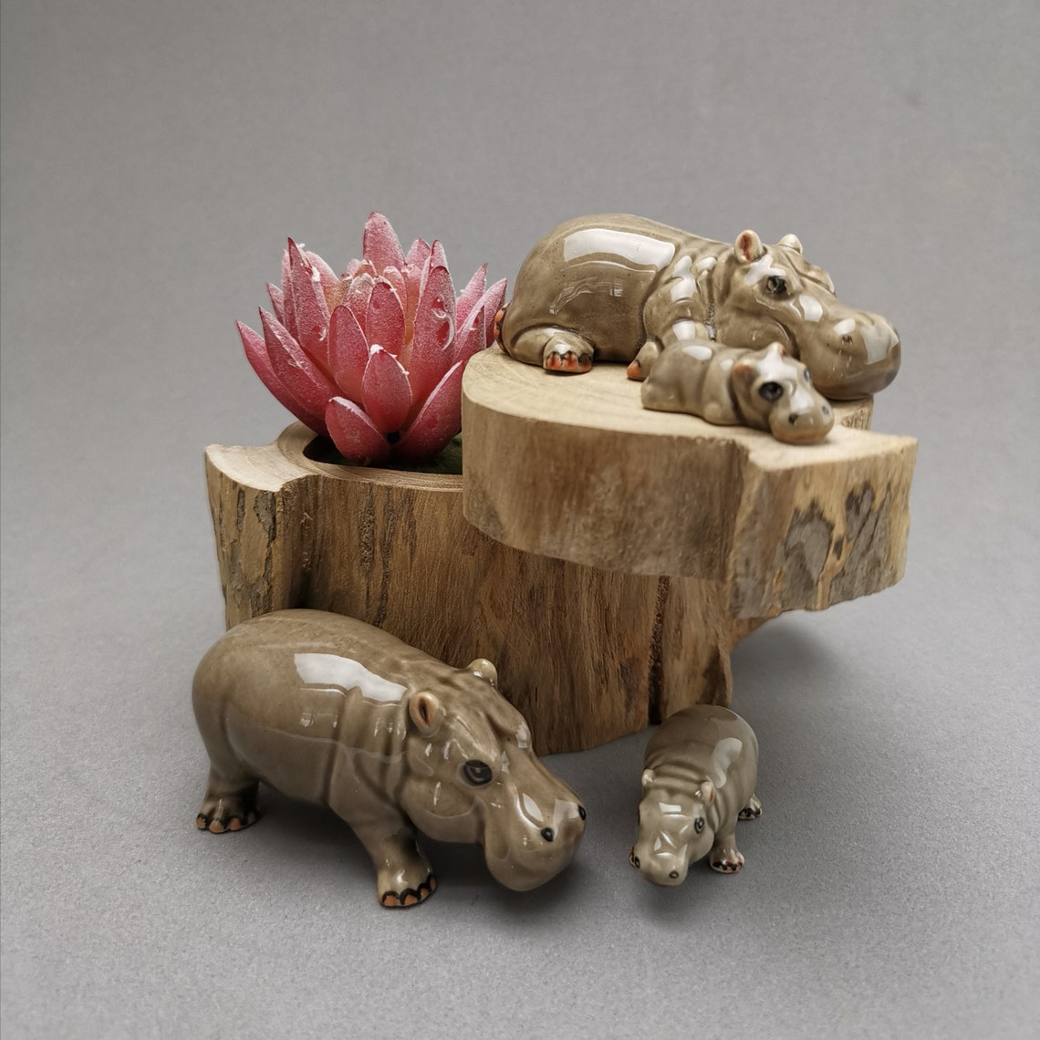4 Ceramic hippo figurine handmade hippo family Ready to | Etsy