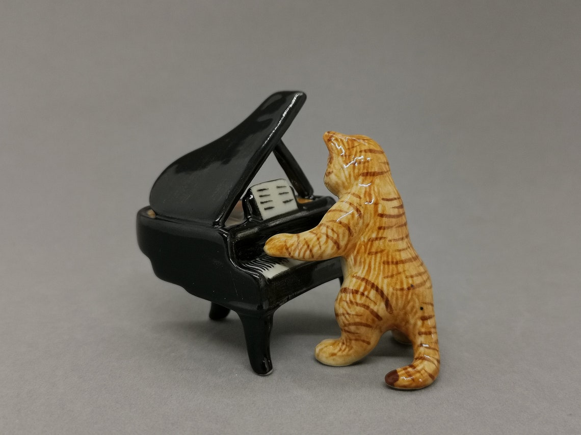 Ceramic Cat Figurine Cat playing piano Cat Miniature home | Etsy