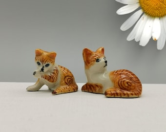 Ceramic Orange Cat Miniatures: Handcrafted Porcelain Figurines, Set of 2