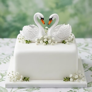 May include: A square white cake topped with two white swan figurines facing each other. The swans have orange beaks and black accents. Small clusters of white baby's breath flowers are arranged around the base of the swans and the cake.