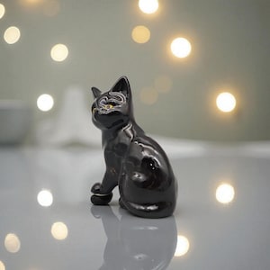 Handmade Ceramic Black Cat Figurine: Small Porcelain Animal