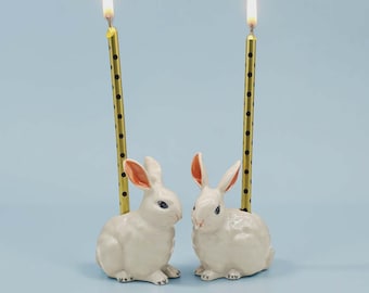 Rabbit Cake Topper - Handcrafted Ceramic Figurine - Birthday Candle Holder - Collectible Rabbit