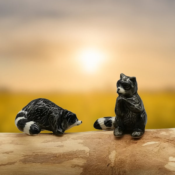 Set of 2 Ceramic Raccoon Figurines, Miniature Raccoon, Animal Sculptures For Garden Decoration, Black-Gray  Raccoon, Best Friend Gift