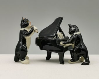 Set of 3 Tuxedo Cat Figurine, Ceramic Cat Figurines, Black and White Cat Figurins, Cat Playing Piano, Home Decoration and Collection, Gift.