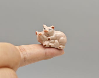 Miniature Ceramic Pig Figurine: Pink Couple Pigs Gift