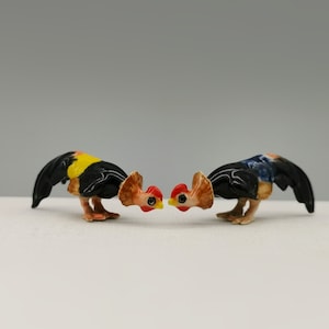 Set of 2 Handmade Mini Rooster Statues-Ceramic Chicken Collectibles-Small Ceramic Chicken for Display-Cockfighting