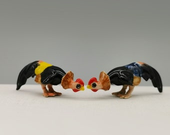 Set of 2 Handmade Mini Rooster Statues-Ceramic Chicken Collectibles-Small Ceramic Chicken for Display-Cockfighting