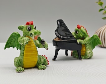 Set of 3 Handmade Ceramic Dragon Figurines: Musical Dragon Decor