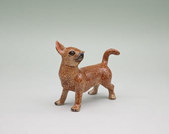 ミニチュア 陶器 犬 チワワ 立ち姿 動物 ペット 小さな 黒 茶色 置物