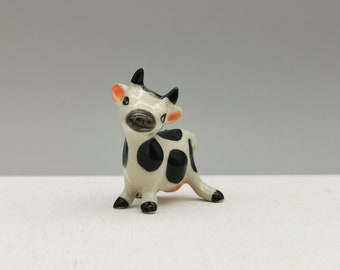 Miniature Ceramic Cow Baby, Handmade, for room decoration, Black and White cow