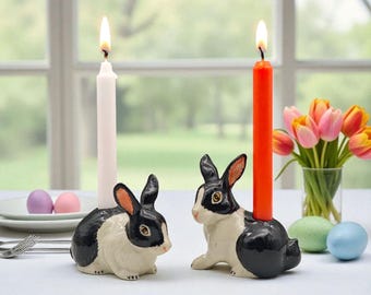 Bougeoirs lapin de Pâques en céramique, noir et blanc, figurines de lapin peintes à la main, décoration d'intérieur