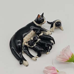 Handmade Ceramic Tuxedo Cat Figurine: Miniature Cat Family