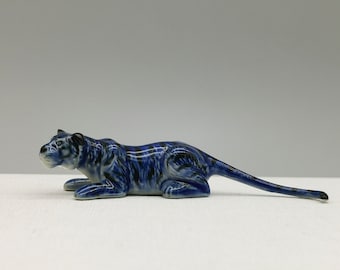 Ceramic Tiger Figurine, Blue Tiger, Handmade, Tiger Miniature, Decorative and Collectible Ornaments