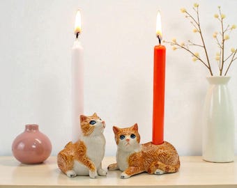 Cat Candle Holder Ceramic - Handcrafted Porcelain Figurine - Anniversary Gifts - Cottage style Home Decorations