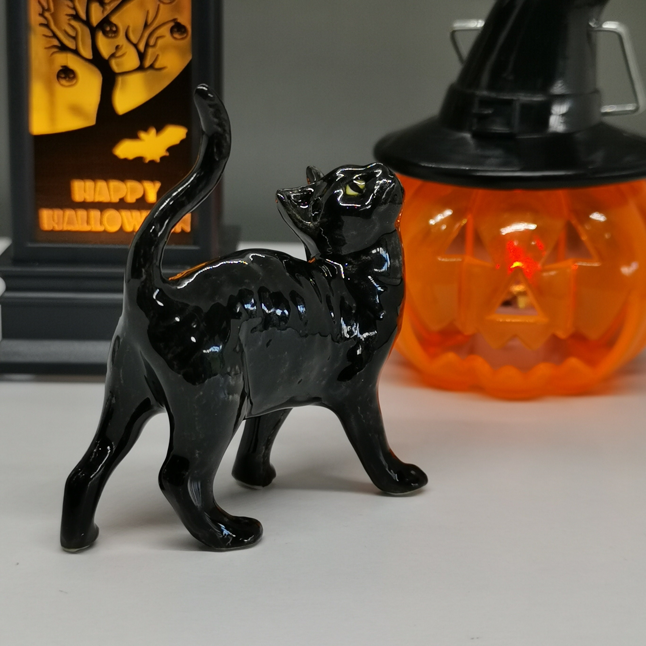 Peek a boo ceramic Pumpkin black cat figurine, cat figurine animal