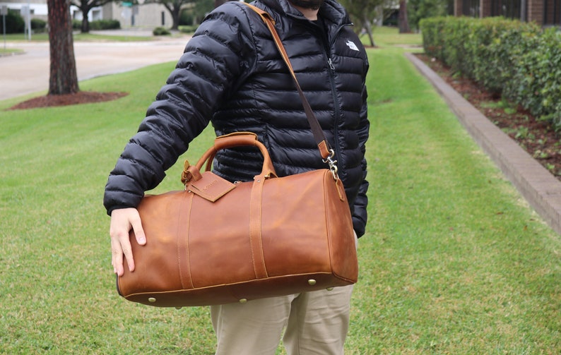 Monogrammed leather duffle bag men groomsmen gift image 0