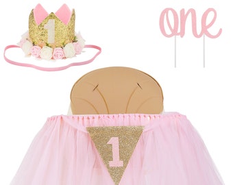 1st Birthday Girl Decor High Chair Tutu Skirt WITH Crown | First Birthday Banner, Princess Crown and 'ONE' Cake Topper in Baby Pink n Gold