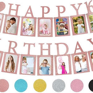 Sweet 16 Birthday Decorations Photo Banner in Rose Gold Pre-assembled | Sweet 16 Banner WITH Sixteen Photo Card Frames Party Supplies