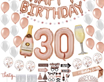 30th Birthday Decorations for Women | 30th Birthday Sash and Rhinestone Tiara | 30th Birthday Balloons, 2 Foil Backdrops, 25photoshoot props