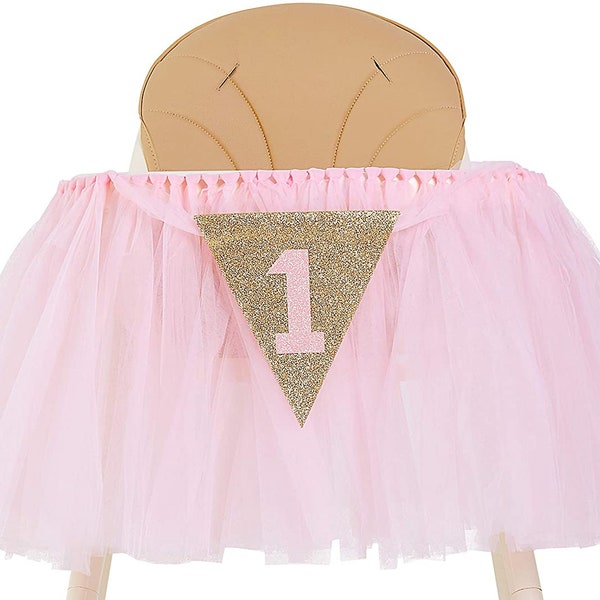 1st Birthday Girl Decoration High Chair Tutu Skirt Banner No.1 | Cake Smash Decor | Highchair Centrepiece | Baby Pink & Gold Princess Theme