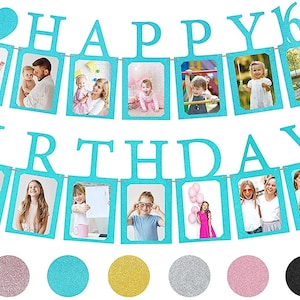 May include: A turquoise glitter banner with the words "HAPPY BIRTHDAY 16th" cut out. The banner has photo frames holding pictures of people. The banner is strung with a thin silver string. There are six glitter circles in pink, blue, gold, silver, pink and black.