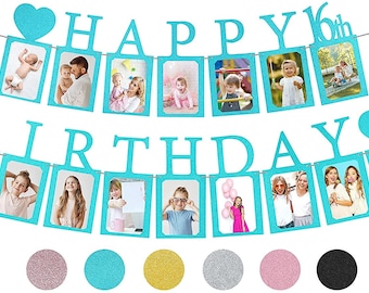 Sweet 16 Birthday Decorations Photo Banner in Blue Pre-assembled | Sweet 16 Banner WITH Sixteen Photo Card Frames Party Supplies