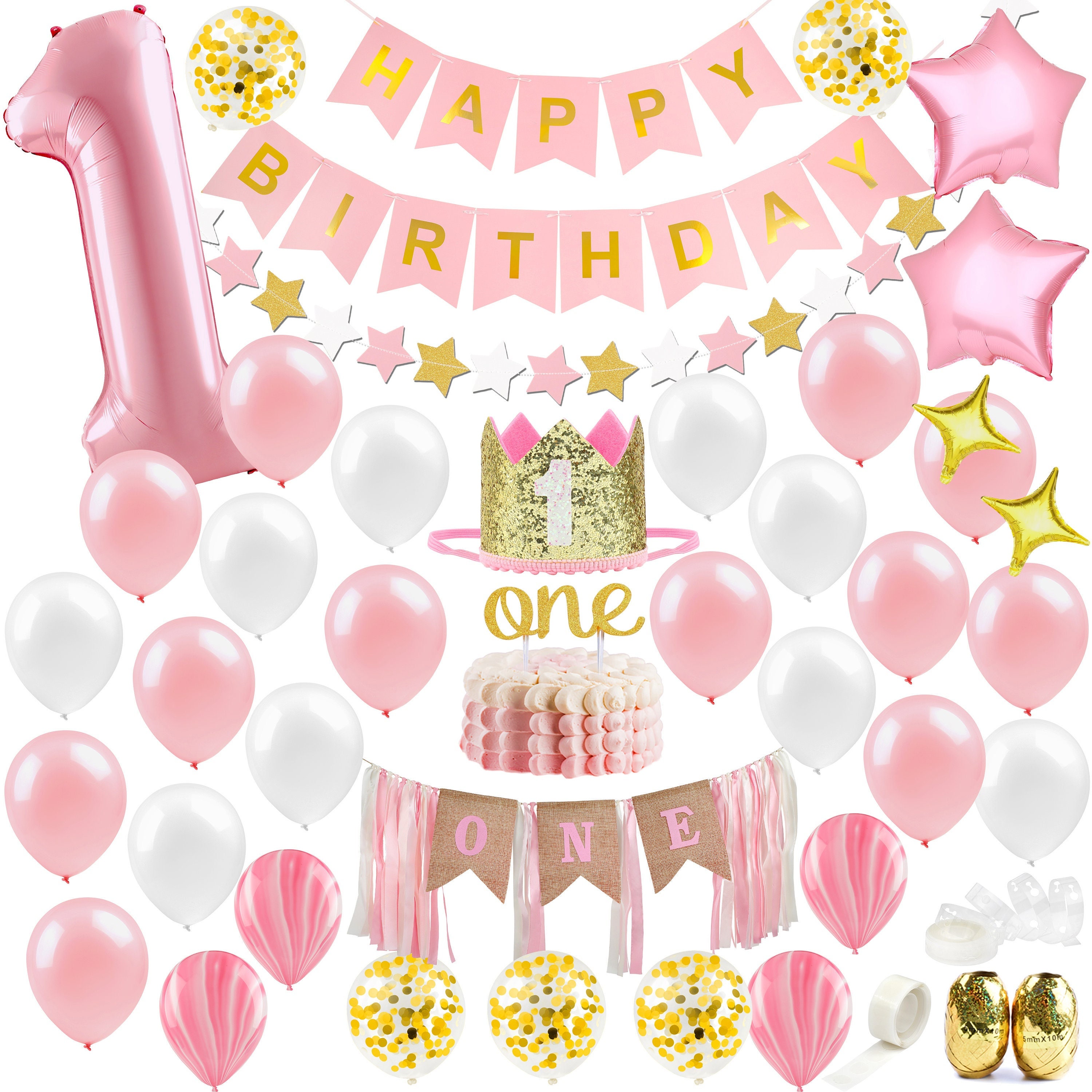 First Birthday Balloon 'ONE' Boxes for Baby Girl WITH 24 Balloons - Baby  1st Birthday Girl Decoration Clear Cube Blocks 'ONE' Letters as Cake Smash