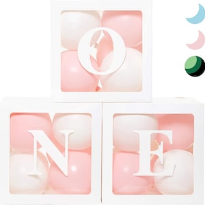 First Birthday Balloon 'ONE' Boxes for Baby Girl WITH 24 Balloons | Baby 1st Birthday Girl Decorations Clear Cube Blocks 'ONE' Letters