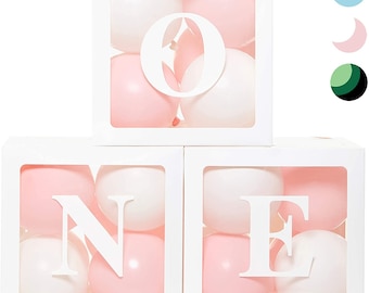 First Birthday Balloon &#39;ONE&#39; Boxes for Baby Girl WITH 24 Balloons | Baby 1st Birthday Girl Decorations Clear Cube Blocks &#39;ONE&#39; Letters