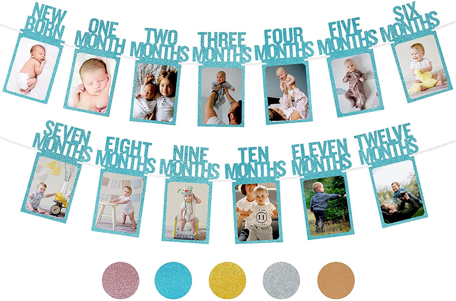 PartyHooman 1st Birthday Photo Banner in Blue for Baby from Newborn to 12 Months | Monthly Milestones Garland | Pre-strung with Frame