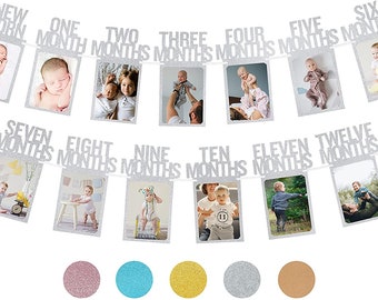 PartyHooman 1st Birthday Photo Banner in Silver for Baby from Newborn to 12 Months | Monthly Milestones Garland | Pre-strung with Frame