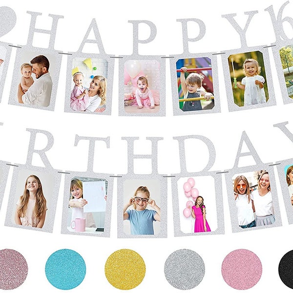 Sweet 16 Birthday Decorations Photo Banner in Silver Pre-assembled | Sweet 16 Banner WITH Sixteen Photo Card Frames Party Supplies