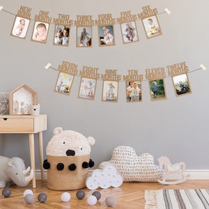 PartyHooman 1st Birthday Photo Banner for Baby from Newborn to 12 Months Monthly Milestones Garland Pre-strung with Frame Kraft image 6