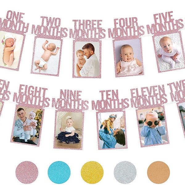 PartyHooman 1st Birthday Photo Banner in Rose Gold for Baby from Newborn to 12 Months | Monthly Milestones Garland | Pre-strung with Frame