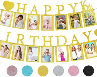 Sweet 16 Birthday Decorations Photo Banner in Gold Pre-assembled | Sweet 16 Banner WITH Sixteen Photo Card Frames Party Supplies